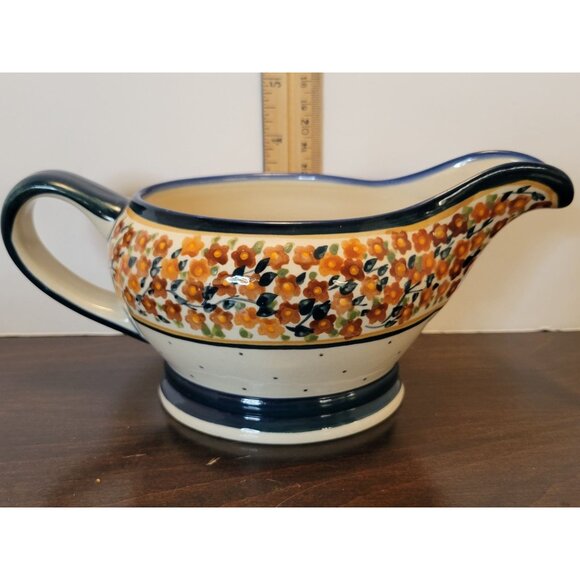 Handmade Polish Pottery Gravy Boat By Patrycja Kolazyńska 9" Floral Pattern - Picture 6 of 6